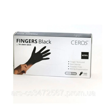 Рукавички нітрилові одноразові без пудри Ceros FINGERS Black розмір &mdash; M 100 шт. Рукавички нітрилові одноразові без пудри Ceros FINGERS Black розмір &mdash; M 100 шт. фото